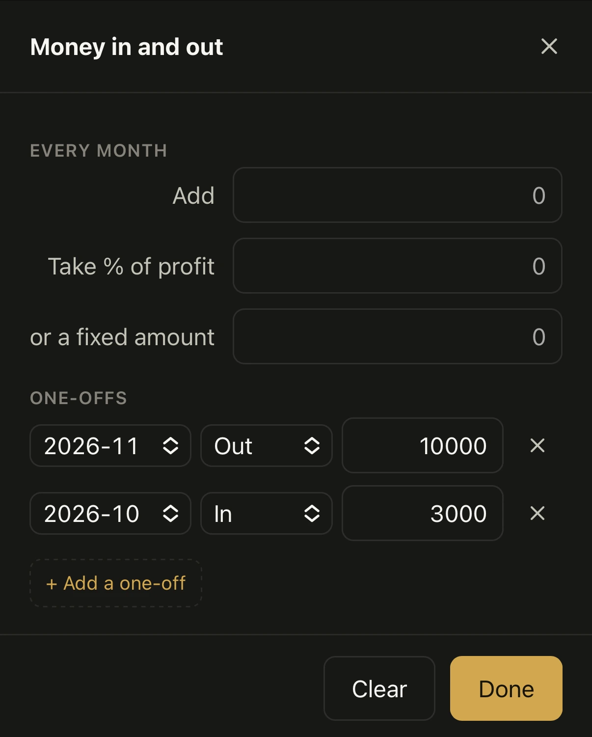 The Money in and out sheet: nothing recurring, and two one-offs, 3,000 in for October 2026 and 10,000 out for November 2026.